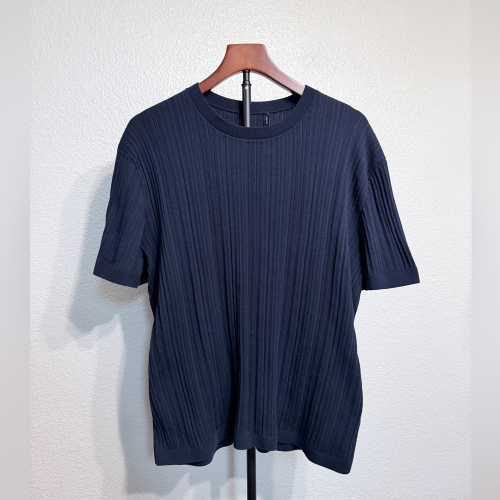 Theory Damian Ribbed Short Sleeve Navy Blue Shirt in Tactile Cotton - Men’s XXL